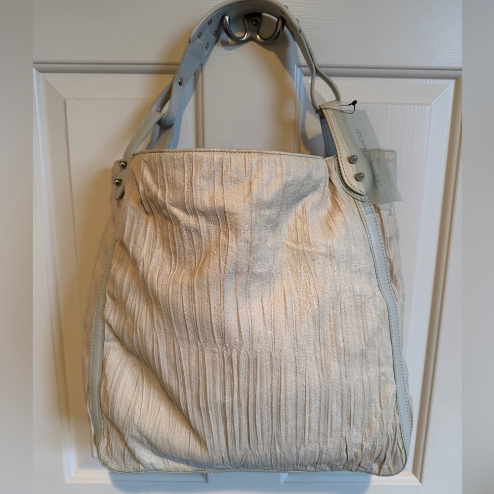 Vintage NWT Donald J Pliner pleated leather tote in cream.